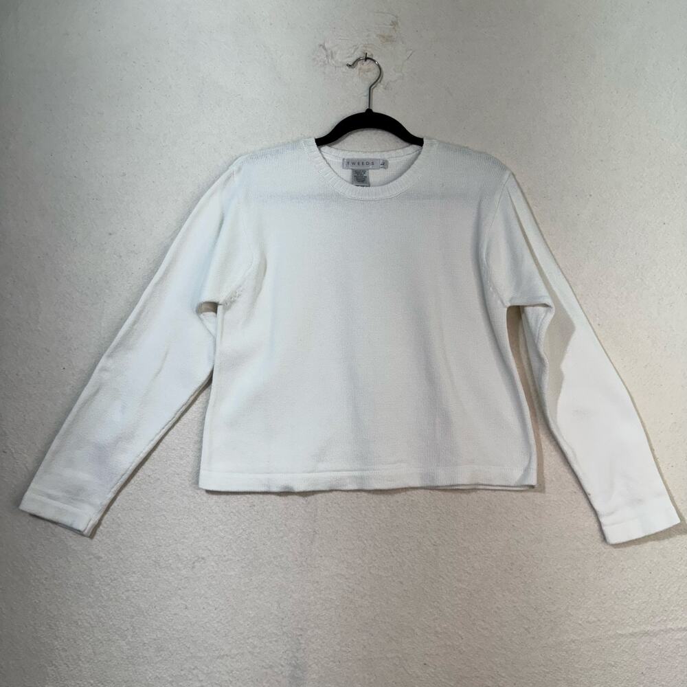 Tweeds Essential Crewneck Long-Sleeve White Thick Cotton Cable Knit Sweater VTG